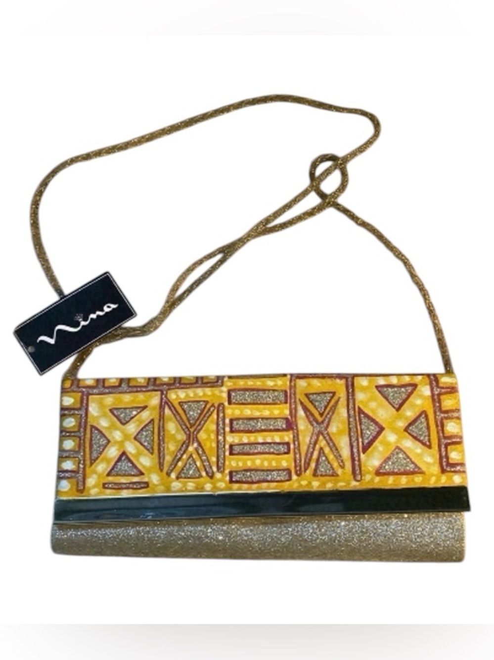 Lina Labella Platino Baby Gold Glitter Clotch Bag with strap